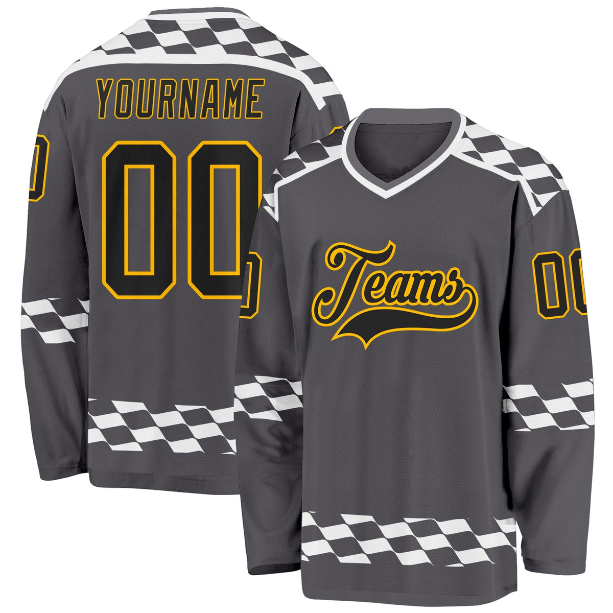 Custom Steel Gray Black Gold-White Plaid Hockey Jersey