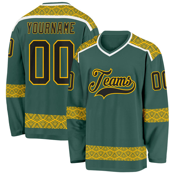 Custom Green Black Gold-White Plaid Hockey Jersey