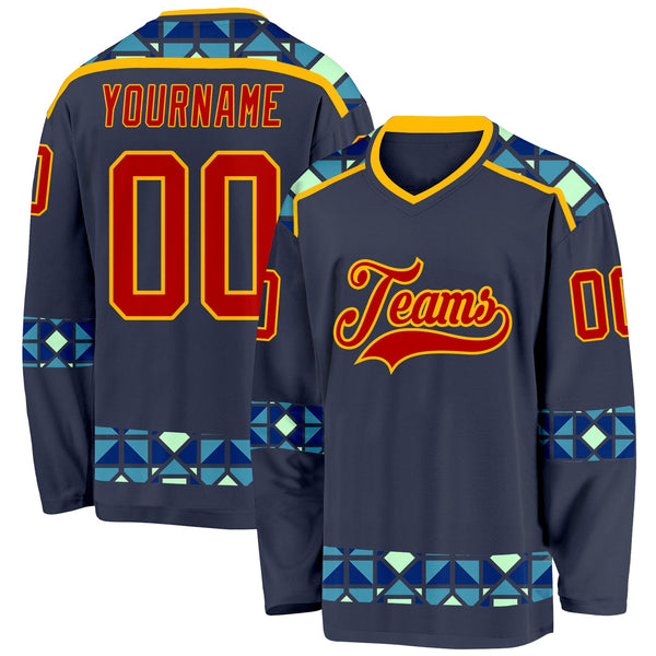 Custom Navy Red Blue Pea Green-Gold Plaid Hockey Jersey