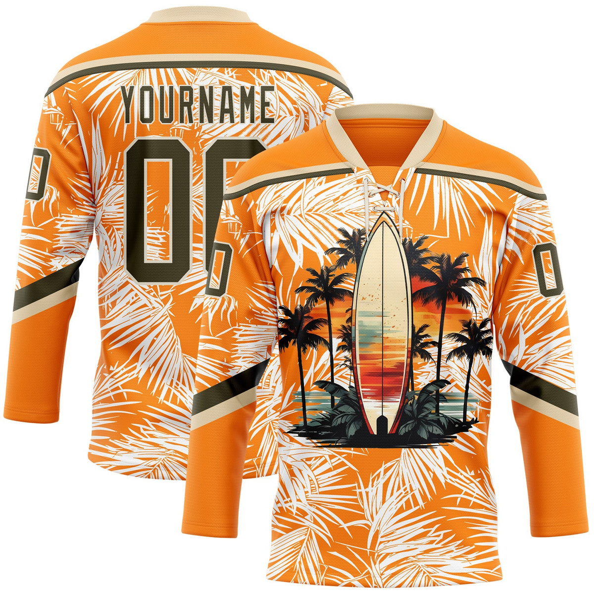 Custom Bay Orange Olive-Cream Hawaii Tropical Palm Trees Hockey Lace Neck Jersey