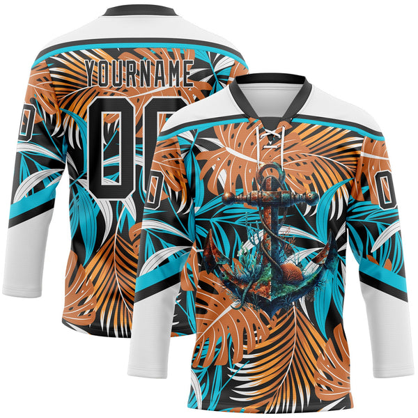 Custom White Black-Lakes Blue Hawaii Tropical Palm Trees Hockey Lace Neck Jersey