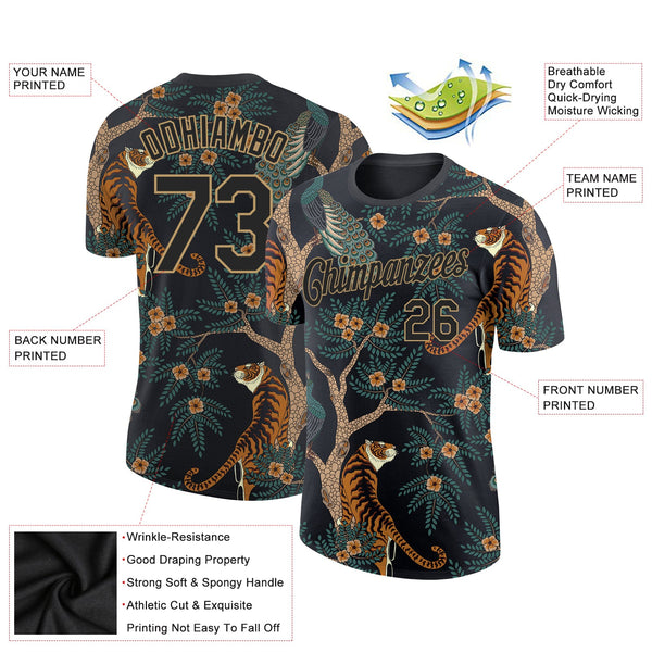 Custom Black Black-Old Gold 3D Pattern Design Tiger And Peacock Performance T-Shirt alternate