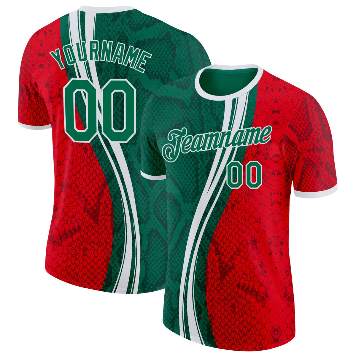 Custom Kelly Green Fire Red-White Mexico Snake Python Print Soccer Jersey Performance T-Shirt