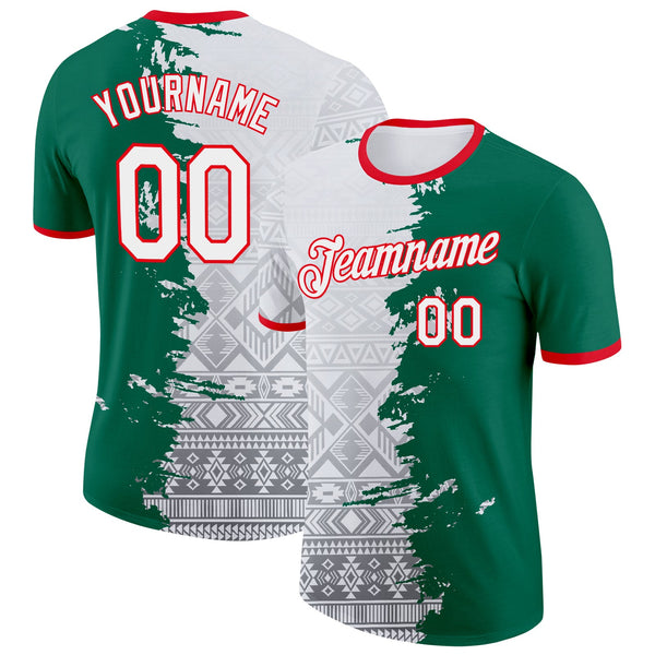 Custom White Kelly Green-Fire Red Mexico Tribal Soccer Jersey Performance T-Shirt