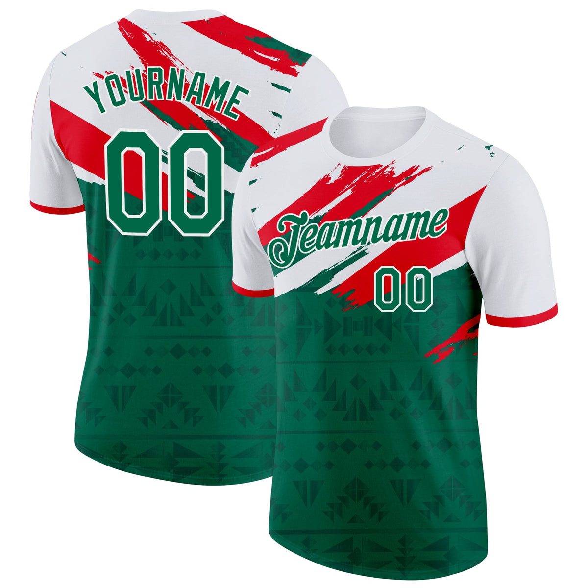 Custom Kelly Green White-Fire Red Mexico Soccer Jersey Performance T-Shirt
