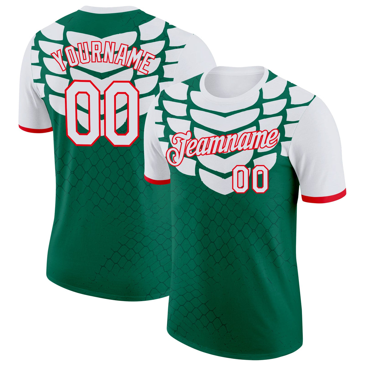 Custom Kelly Green White-Fire Red Mexico Snake Python Print Soccer Jersey Performance T-Shirt