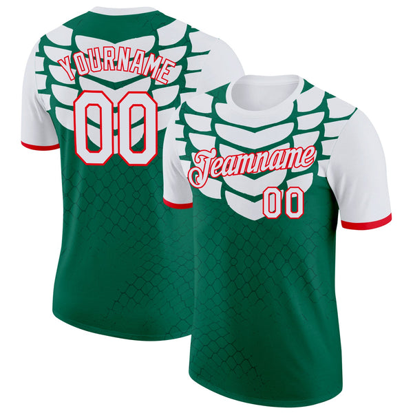 Custom Kelly Green White-Fire Red Mexico Snake Python Print Soccer Jersey Performance T-Shirt