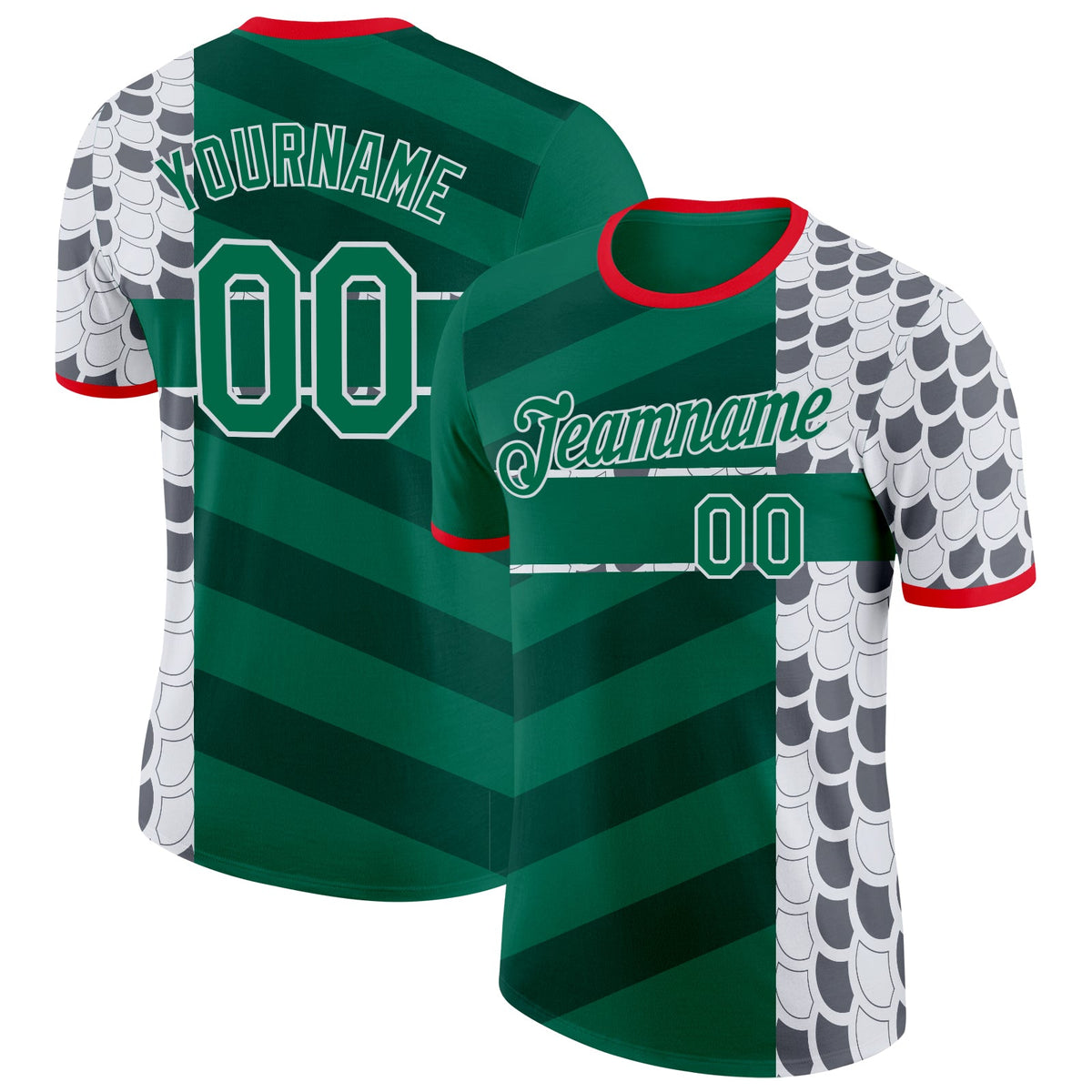 Custom Kelly Green White Fire Red-Gray Mexico Snake Python Print Soccer Jersey Performance T-Shirt
