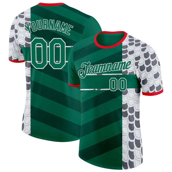 Custom Kelly Green White Fire Red-Gray Mexico Snake Python Print Soccer Jersey Performance T-Shirt