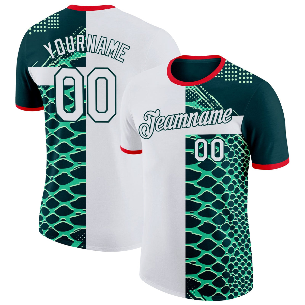 Custom Green White-Fire Red Mexico Snake Python Print Soccer Jersey Performance T-Shirt