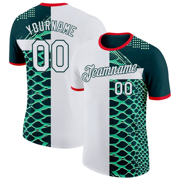 Custom Green White-Fire Red Mexico Snake Python Print Soccer Jersey Performance T-Shirt