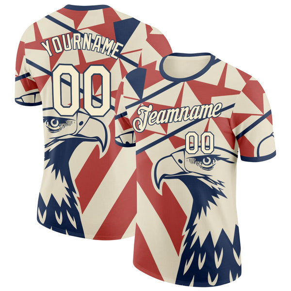 Custom Cream Red-Blue USA Flag Eagle And Star Soccer Jersey Performance T-Shirt