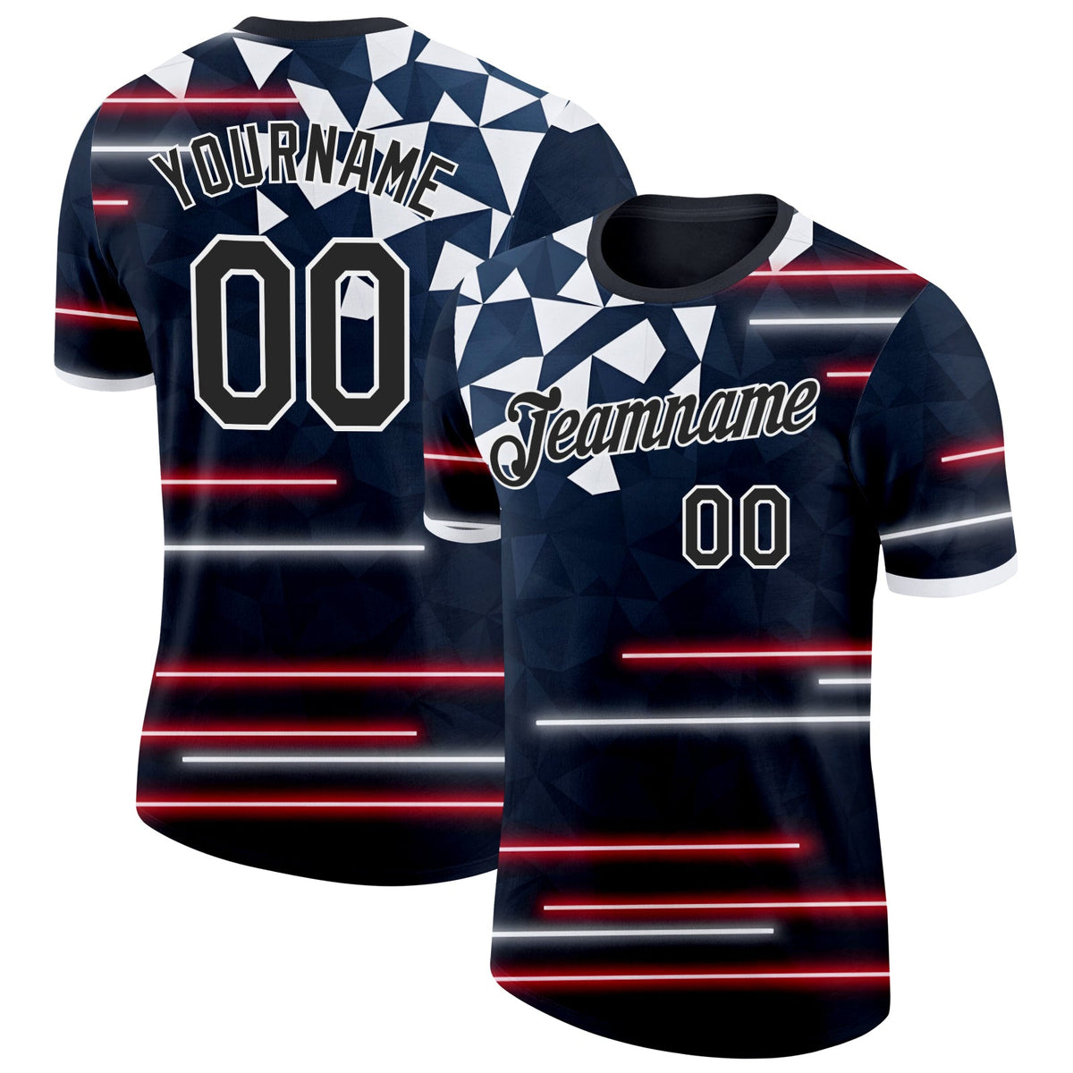 Custom Blue Black Red-White American Abstract Geometric Shape Line Soccer Jersey Performance T-Shirt