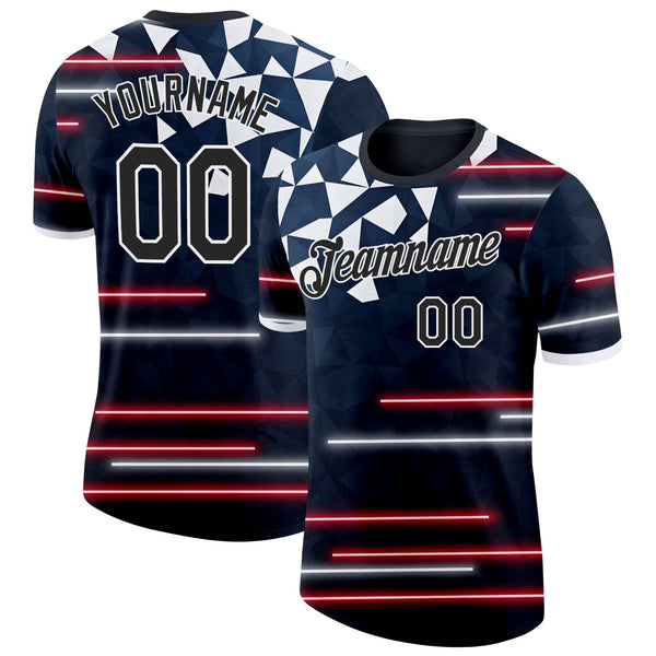 Custom Blue Black Red-White American Abstract Geometric Shape Line Soccer Jersey Performance T-Shirt
