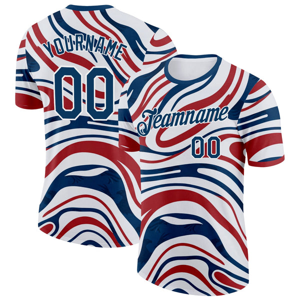 Custom White Blue-Red American Abstract Liquid Soccer Jersey Performance T-Shirt