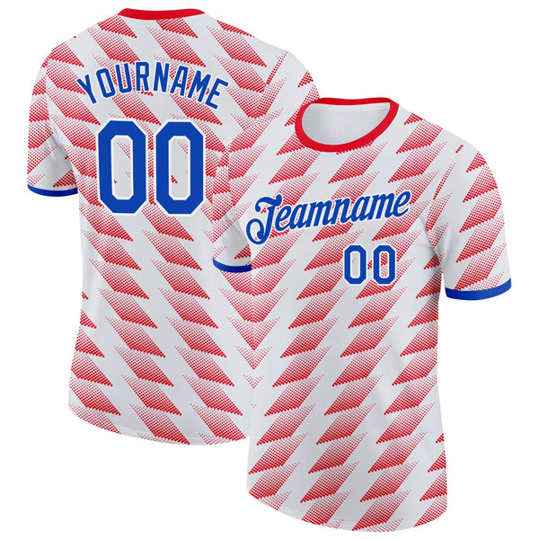 Custom White Thunder Blue-Red Paraguay Geometric Shape Soccer Jersey Performance T-Shirt
