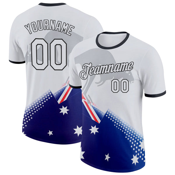 Custom White Blue Black-Red Australian Flag Kangaroo Soccer Jersey Performance T-Shirt