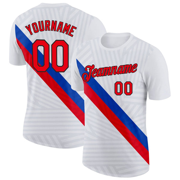 Custom White Fire Red Gray Blue-Black Netherlands Line Soccer Jersey Performance T-Shirt