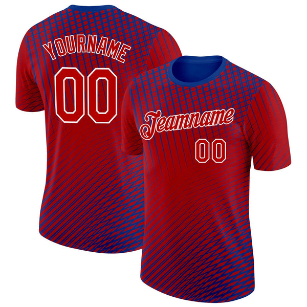 Custom Red Blue-White Netherlands Line Splash Soccer Jersey Performance T-Shirt