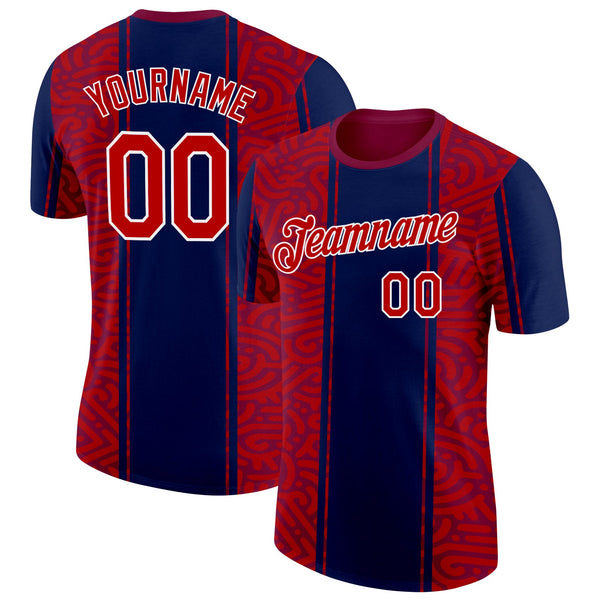 Custom Red Blue-White Netherlands Line Splash Soccer Jersey Performance T-Shirt