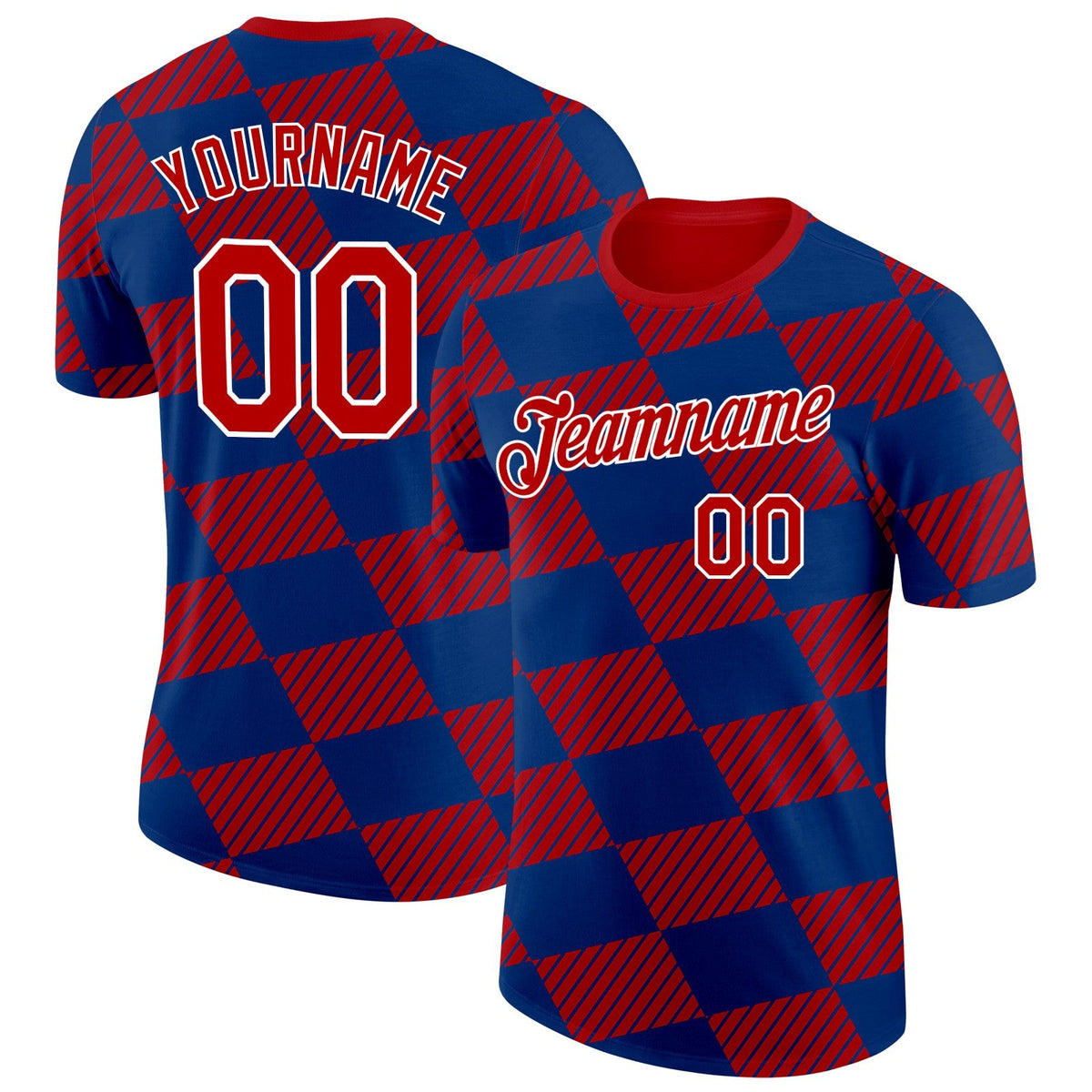 Custom Red Blue-White Netherlands Line And Geometric Shapes Soccer Jersey Performance T-Shirt