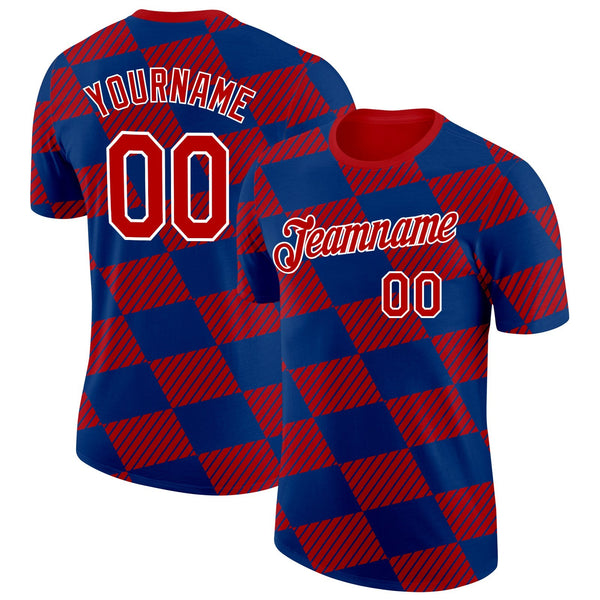 Custom Red Blue-White Netherlands Line And Geometric Shapes Soccer Jersey Performance T-Shirt