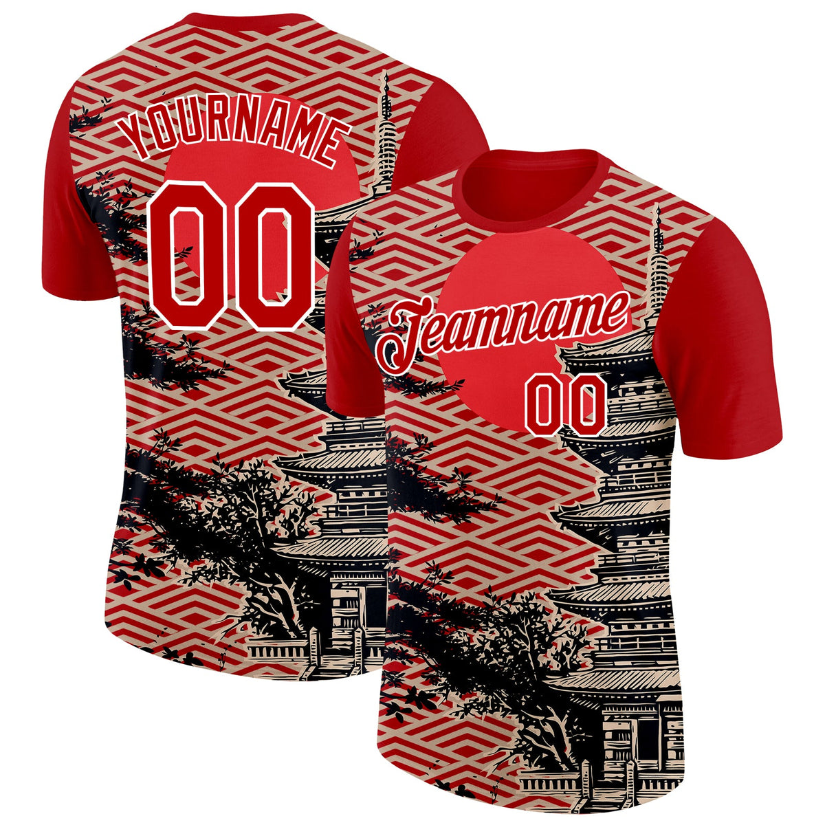 Custom Red Cream Black-White Japan Pagoda Soccer Jersey Performance T-Shirt