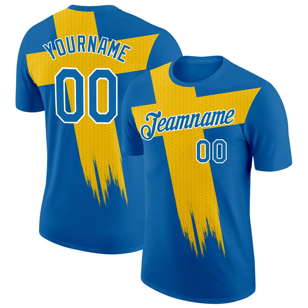 Custom Blue Yellow-White Sweden Dot Soccer Jersey Performance T-Shirt