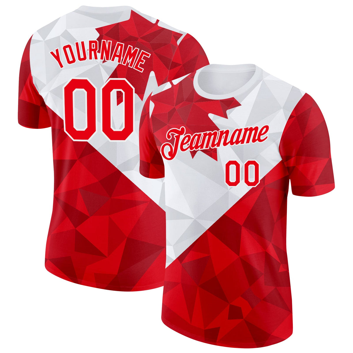 Custom White Fire Red Canada Maple Leaf Geometric Shape Soccer Jersey Performance T-Shirt