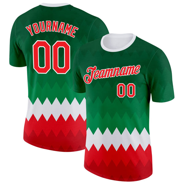 Custom Green Red-White Italy Geometric Shape Soccer Jersey Performance T-Shirt