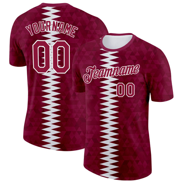 Custom Red White Qatar Geometric Shape Soccer Jersey Performance T-Shirt