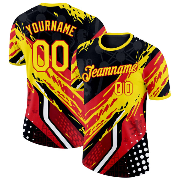 Custom Yellow Red Black-White Belgium Soccer Jersey Performance T-Shirt