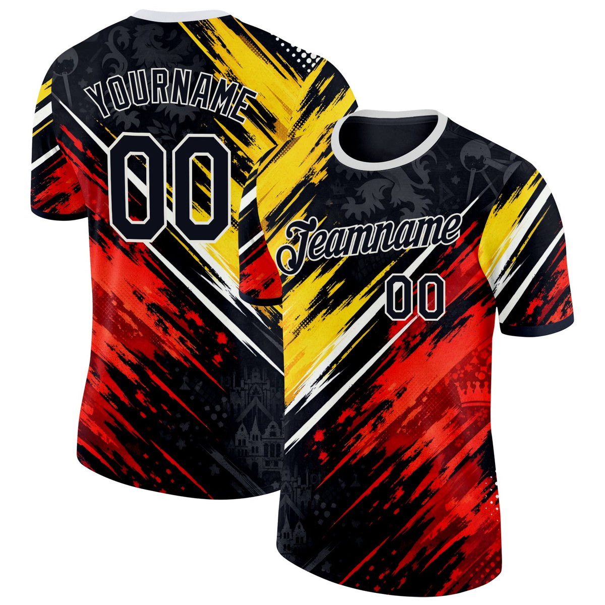 Custom Black Red White-Yellow Belgium Splash Soccer Jersey Performance T-Shirt
