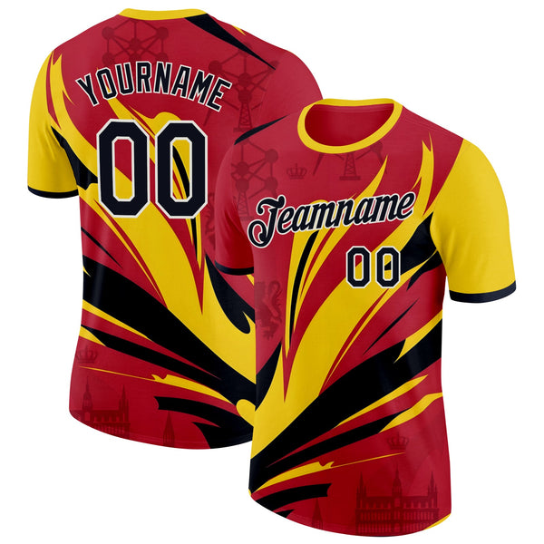 Custom Red Black Yellow-White Belgium Soccer Jersey Performance T-Shirt