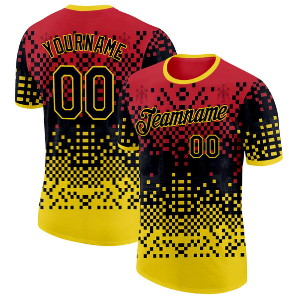 Custom Red Black-Yellow Belgium Mosaic Soccer Jersey Performance T-Shirt