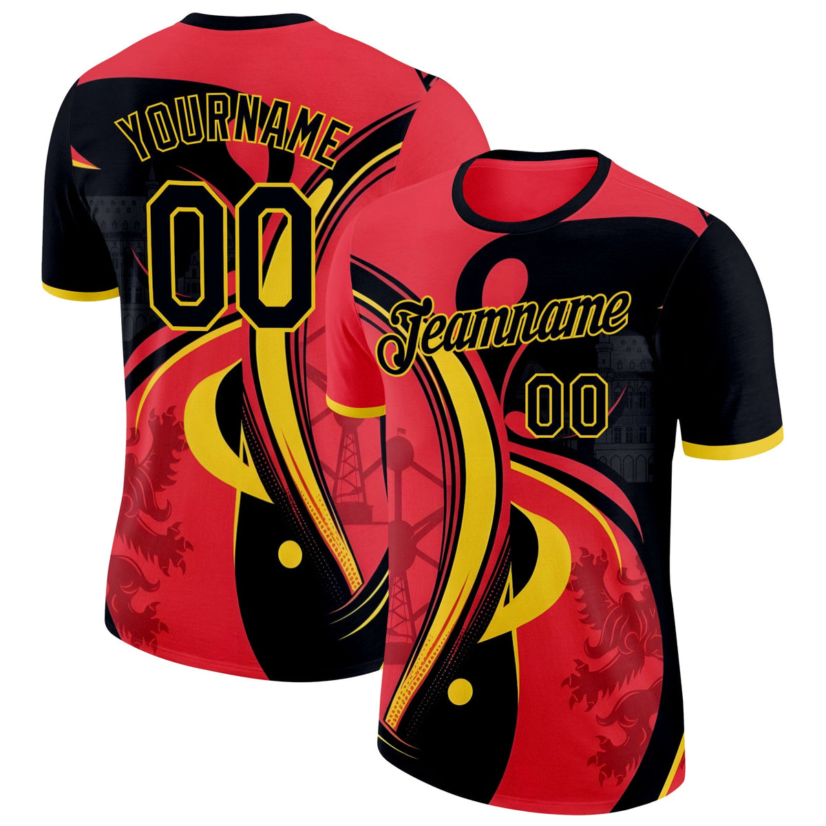 Custom Red Black-Yellow Belgium Abstract Soccer Jersey Performance T-Shirt