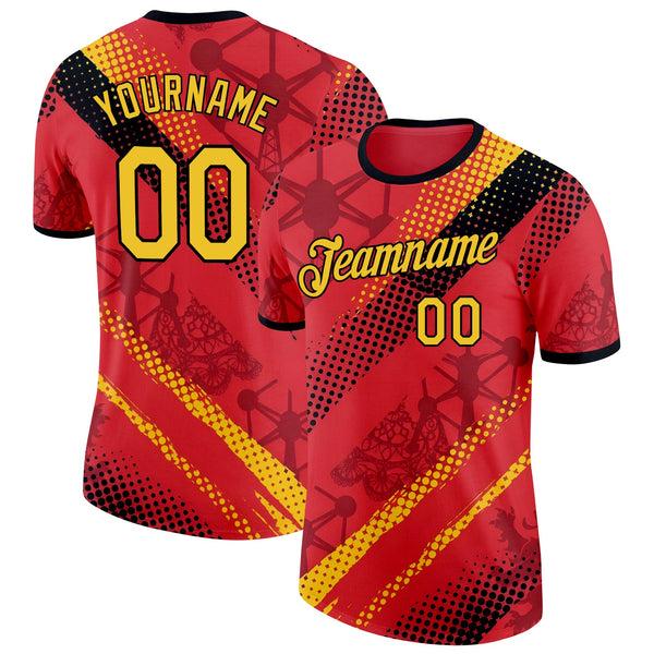 Custom Red Yellow-Black Belgium Polka Dot Soccer Jersey Performance T-Shirt