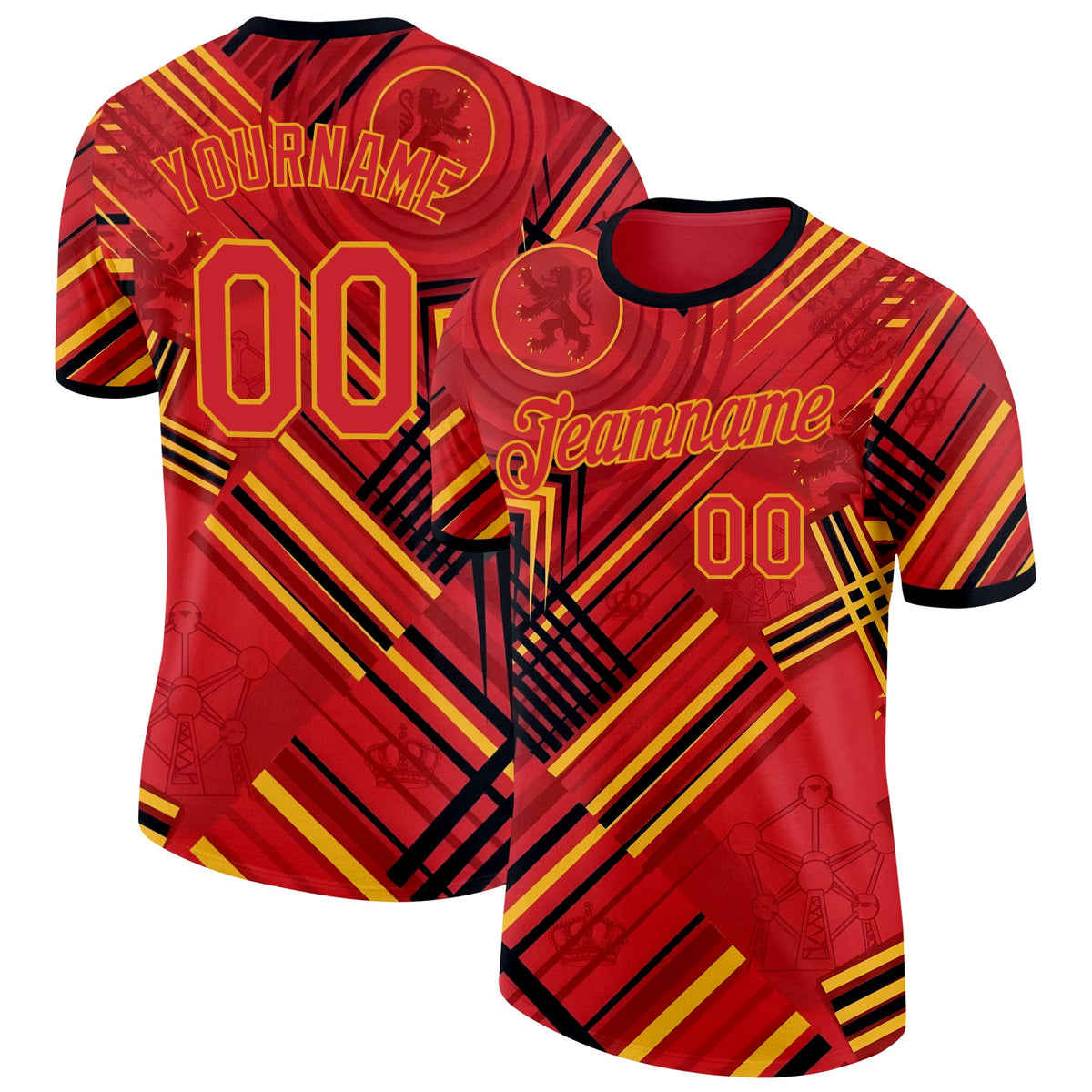 Custom Red Yellow-Black Belgium Abstract Soccer Jersey Performance T-Shirt