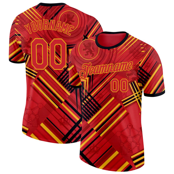 Custom Red Yellow-Black Belgium Abstract Soccer Jersey Performance T-Shirt