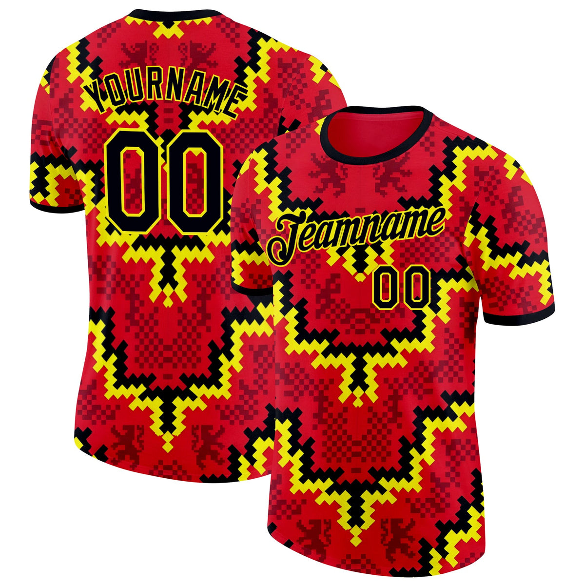 Custom Red Black-Yellow Belgium Mosaic Soccer Jersey Performance T-Shirt