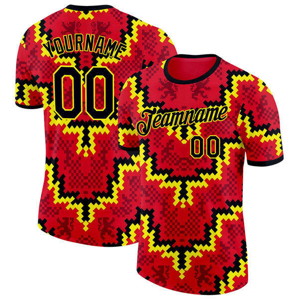 Custom Red Black-Yellow Belgium Mosaic Soccer Jersey Performance T-Shirt