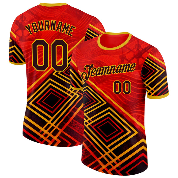 Custom Red Black-Yellow Belgium Geometric Soccer Jersey Performance T-Shirt