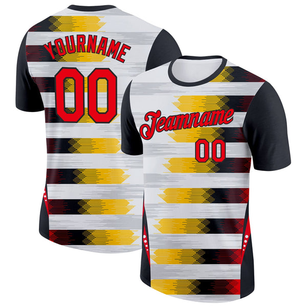 Custom White Fire Red Black-Yellow Germany Geometric Soccer Jersey Performance T-Shirt