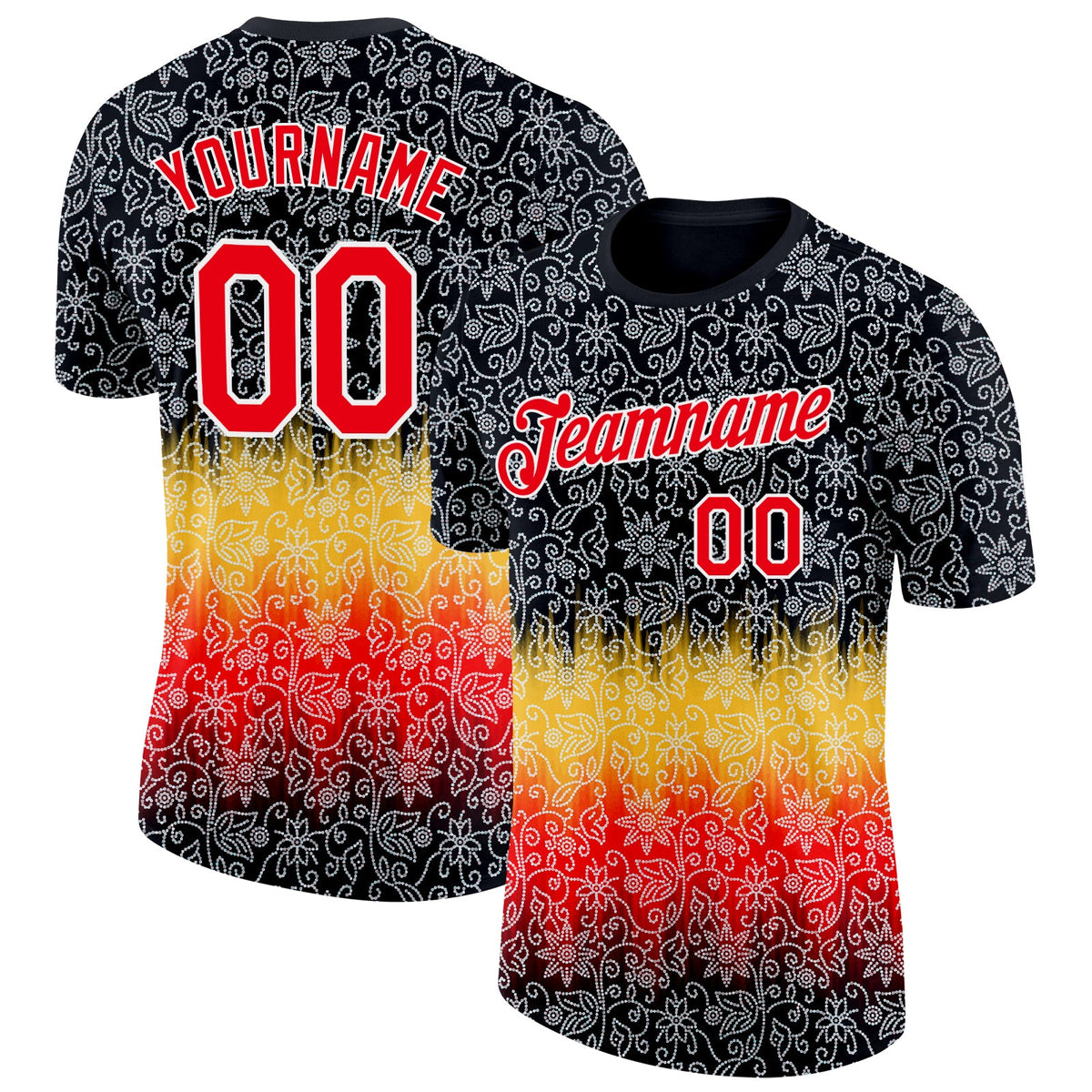 Custom Black Fire Red Yellow-White Germany Flower Soccer Jersey Performance T-Shirt
