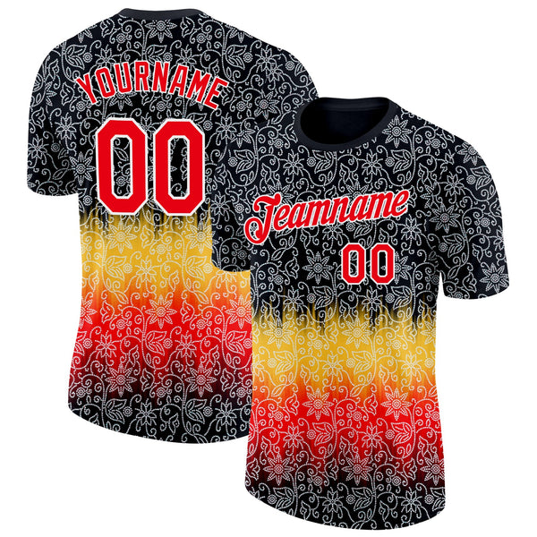 Custom Black Fire Red Yellow-White Germany Flower Soccer Jersey Performance T-Shirt