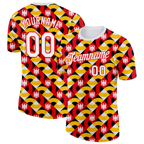 Custom White Fire Red Yellow-Black Germany Abstract Geometric Soccer Jersey Performance T-Shirt