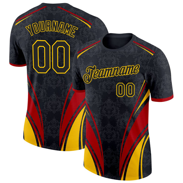 Custom Black Yellow-Red Germany Line Soccer Jersey Performance T-Shirt