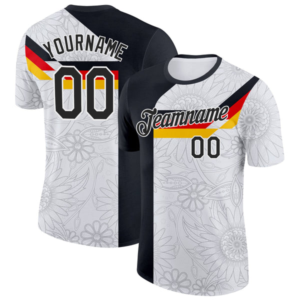 Custom White Black Red-Yellow Germany Flower Soccer Jersey Performance T-Shirt