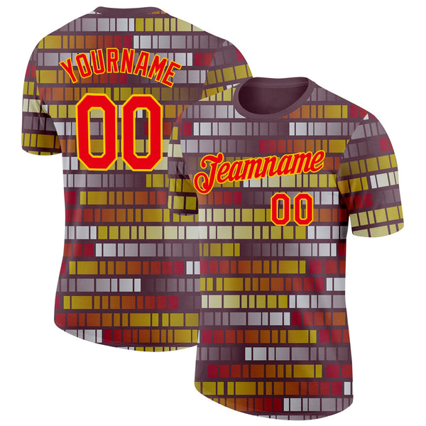 Custom Brown Fire Red-Yellow Germany Geometric Soccer Jersey Performance T-Shirt