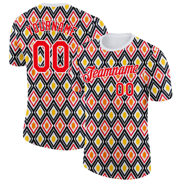 Custom White Fire Red Black-Yellow Germany Geometric Soccer Jersey Performance T-Shirt
